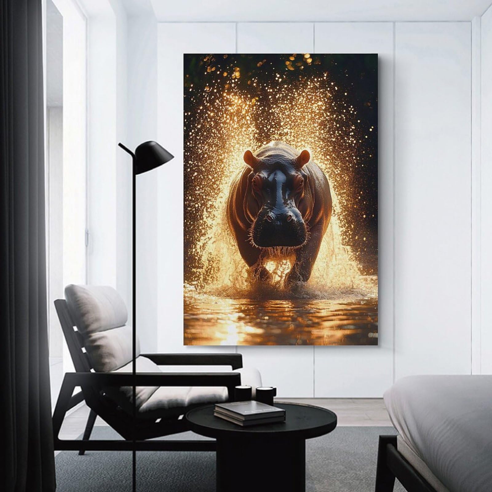 Junmoney Hippopotamus Emerging from Water with Splashes Room Decor Wall Art, 20x30inch(50x75cm), for Home Office, Desk Area Or Studio, An Interior Accent for Desk Areas