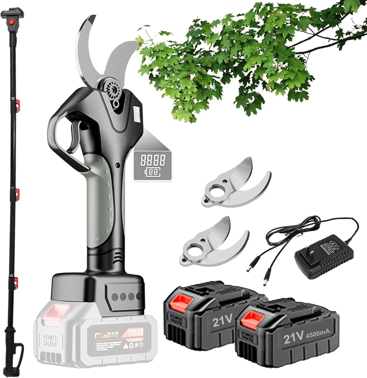 Cordless Electric Pruning Shears With 2.1M Pole - Tree Pruner, LCD Digital Display, Electric Tree Pruner 50mm Capacity For Orchard Work & Garden Trimming(2 Battery)