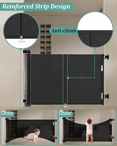 Miniatura 9 de Puertas retráctiles mejoradas para bebés de 71 pulgadas con diseño de tira reforzada para evitar que se arrastren, puerta retráctil de 34 pulgadas