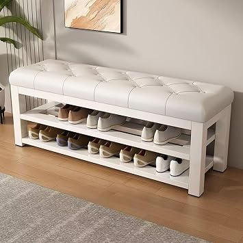 Shoe Bench, Shoe Storage Bench with Padded Seat Cushion,2-Tier Shoe Rack Organizer,Shoes Rack Bench with Metal Frame,Entrance Shoes Changing Stool for Entryway Hallway Bedroom,White