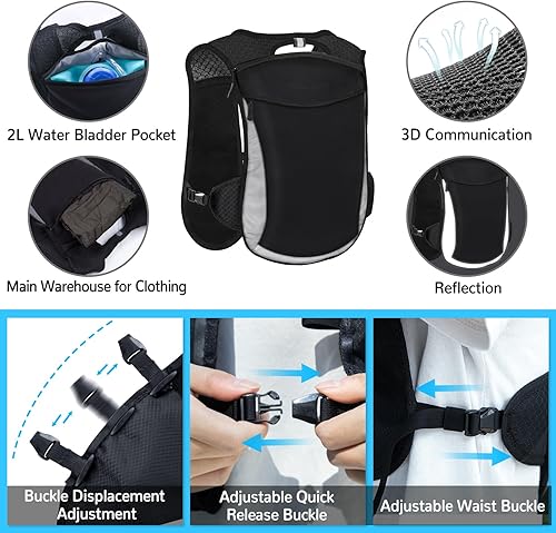 Miniatura 4 de Mochila de hidratación de 2 litros para correr y senderismo  Paquete de bolsa de agua ligera con correas ajustables, depósito de TPU sin BPA, diseño