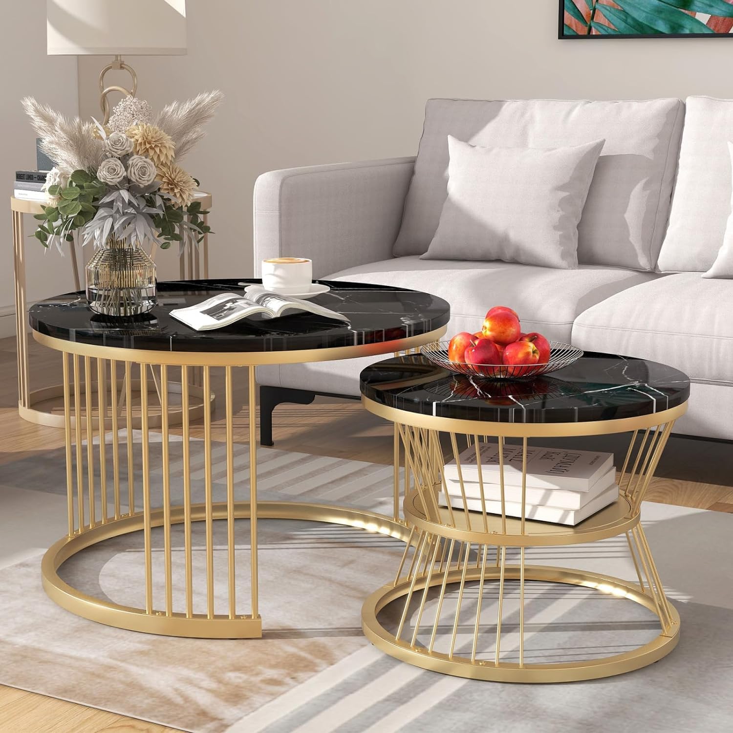 Iron Frame Marble Look Set of 2 Coffee Table Snackes Tea Table Sofa Center Table for Living Room Bedroom or Any Apartment (Gold Black)