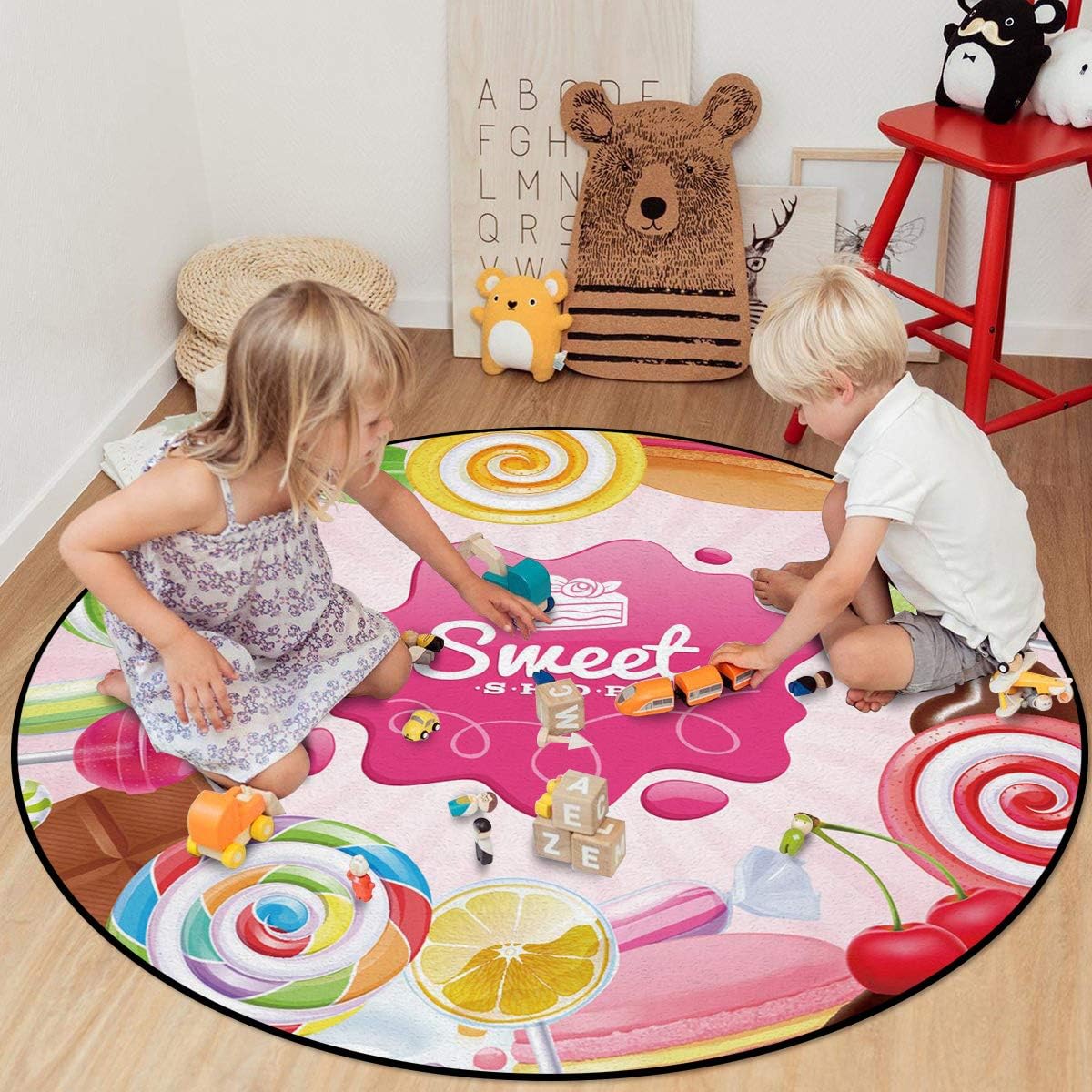 OUR DREAMS Round Area Rugs Children Crawling Mat Non-Slip Mat, Cartoon Sweet Shop Pink Candy Cake Lollipop Residential Carpet for Living Dining Room Kitchen Rugs Decor Colorful Donuts, 3.3Ft(39In