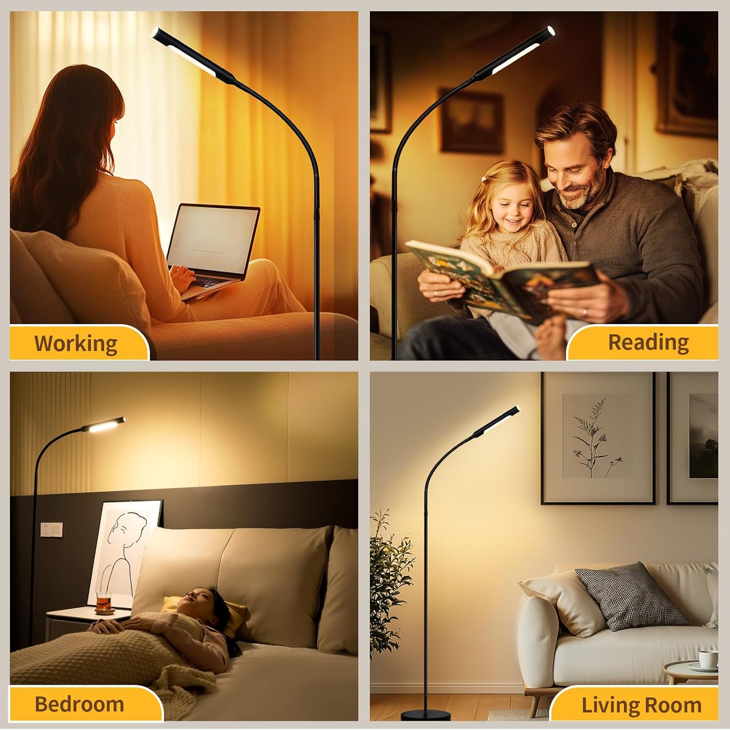 Floor Lamp with Remote, 67" Gooseneck Dimmable Standing Lamp, 3 Color Temperatures & 5 Brightness Levels, Modern Reading LED Light for Bedroom, Living Room, Office - Black