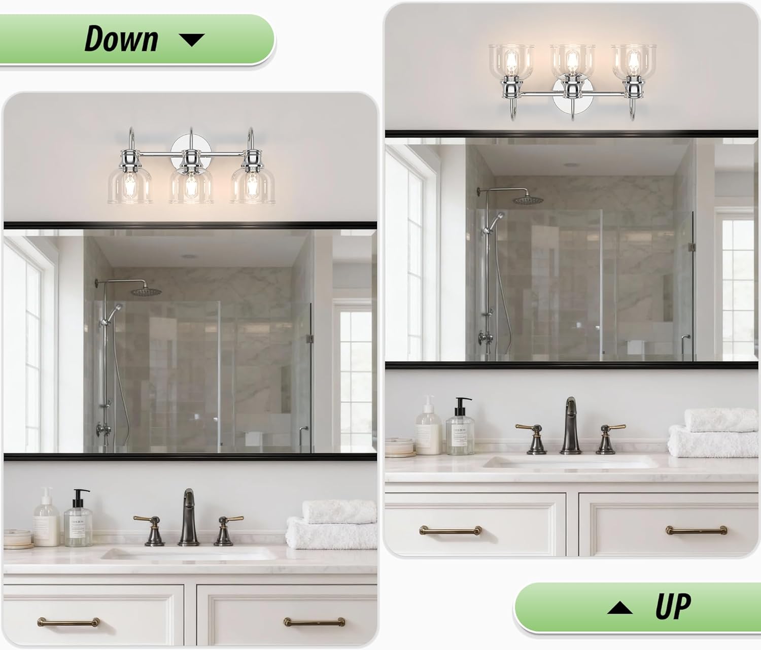 3 Lights Bathroom Vanity Light Fixtures, Chrome Traditional Classic Vanity Light with Clear Glass, Bathroom Lighting Fixtures Over Mirror