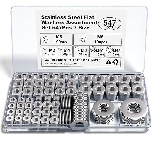 Stainless Steel Flat Washers Assortment, 18-8 (304) Stainless Steel Metric Washers, 547-Piece Set (M3, M4, M5, M6, M8, M10, M12) with Plastic Storage Case