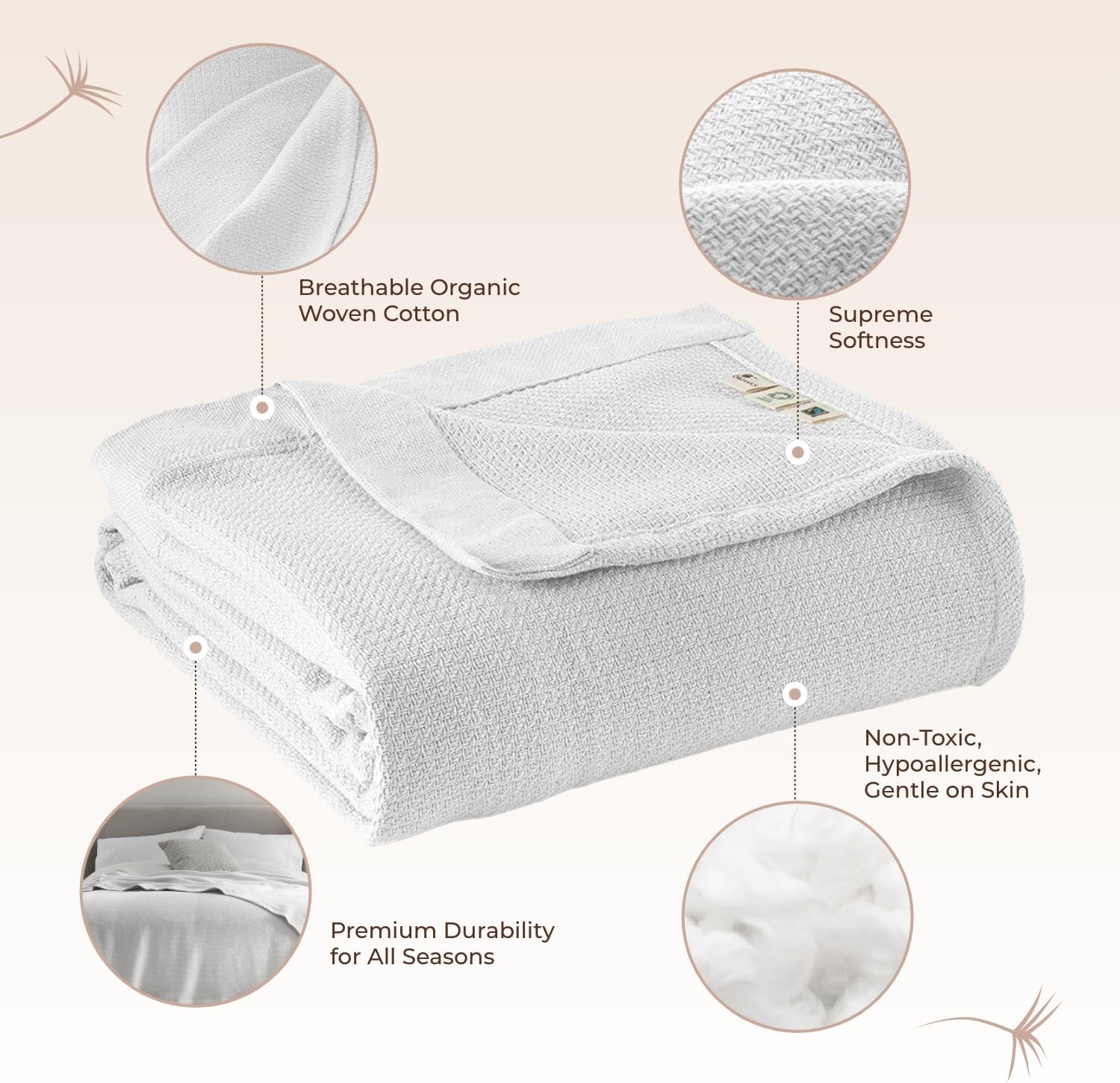 100% Organic Cotton Blanket - GOTS & Fairtrade Certified Organic Cotton Throw Blanket for Bed with Soft Heavy & Breathable Single Knit Weave - Great as Bedspread or Coverlet (White, Full/Queen)