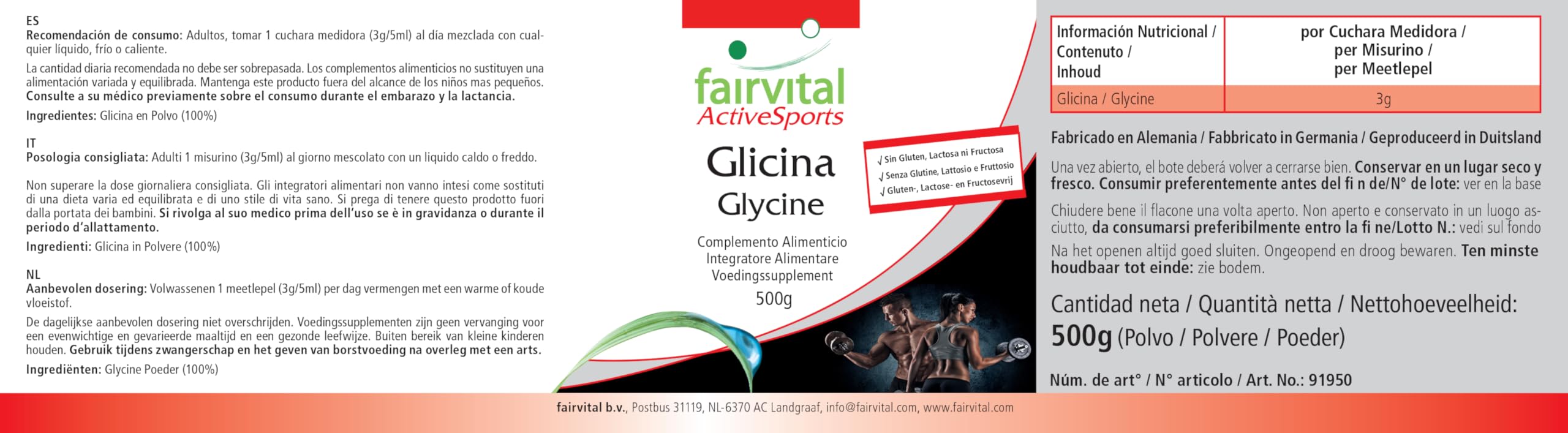 fairvital Glicina in polvere, 500 g, VEGANA, aminoacido, glicina in polvere pura al 100% senza additivi