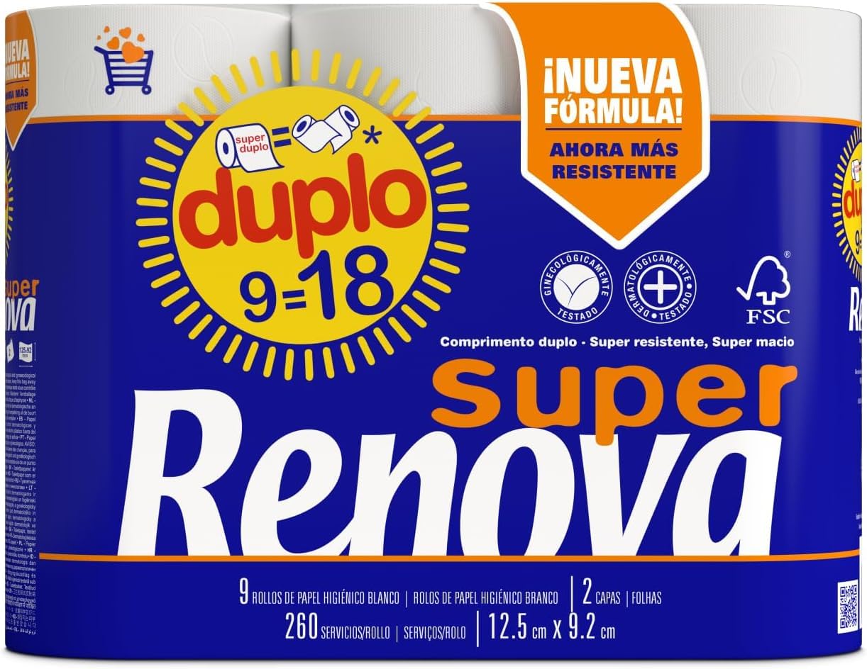 Renova Papel Higiénico Super Duplo - 9 Rollos Dobles (equivalentes a 18 rollos estándar) (Paquete de 6)