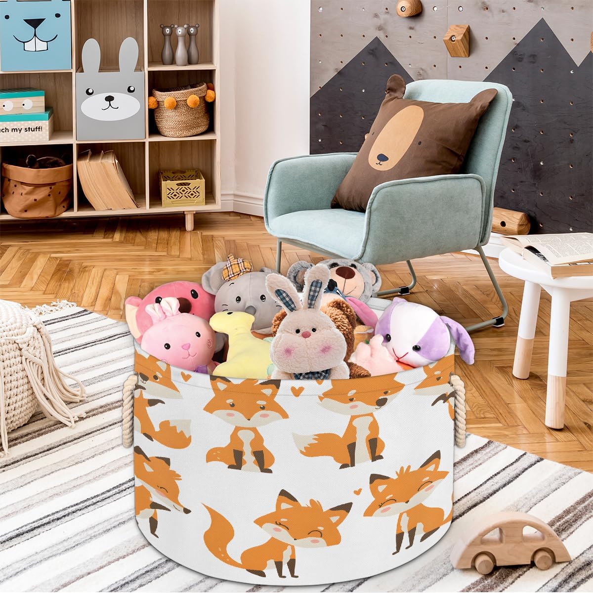 Large Round Laundry Basket Animal Cute Fox Toy Bins Organizers and Storage for Girls Canvas Collapsible Blanket Storage Basket Laundry Hamper Gift Baskets Bedroom Clothes Children Nursery