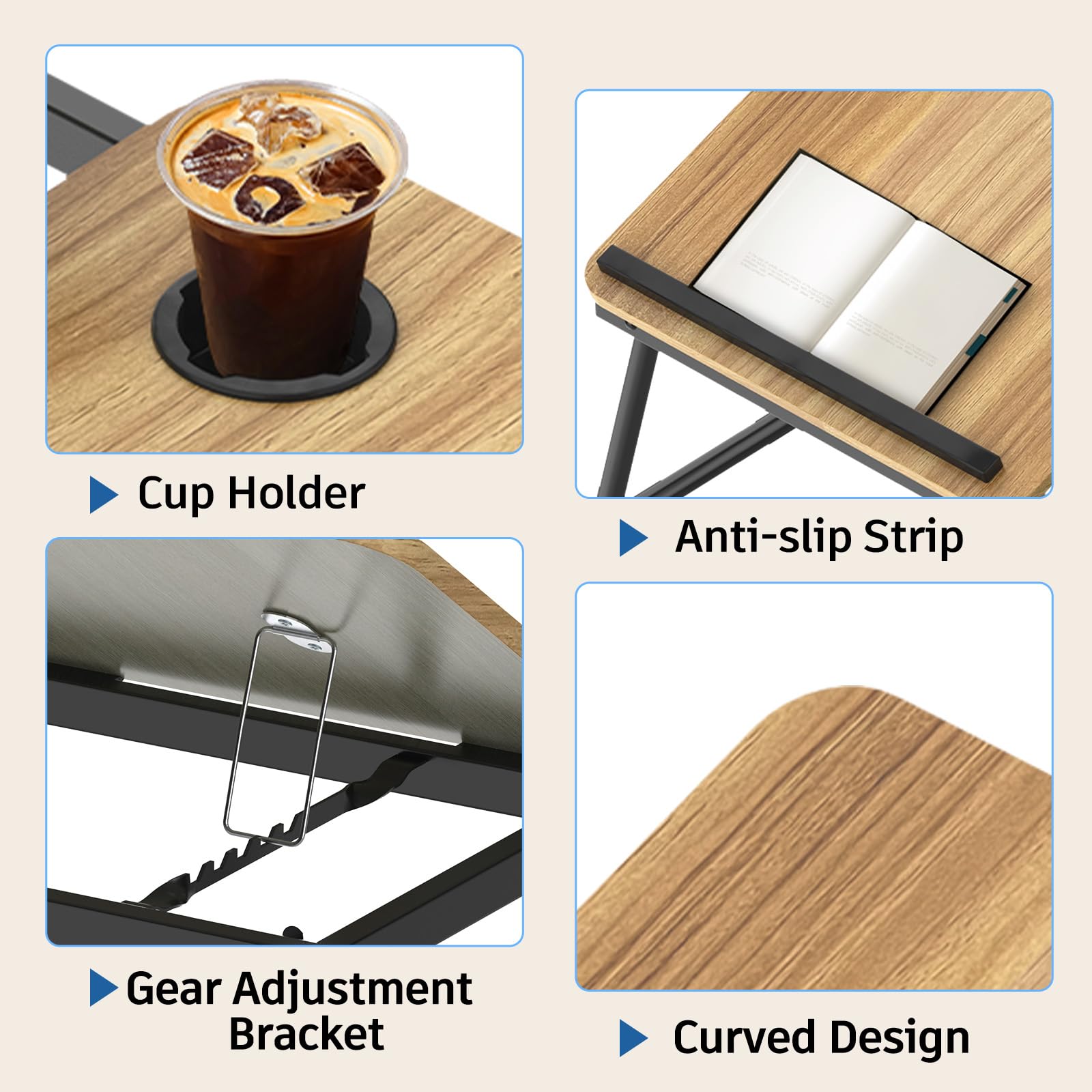 Huracan Table pour Ordinateur Portable, Plateau de Petit déjeuner pour Le lit Support d'ordinateur, avec Pieds Pliables, 5 Angles d'inclinaison, Lapdesk, Support de Table lit pour canapé, Divan, Noix