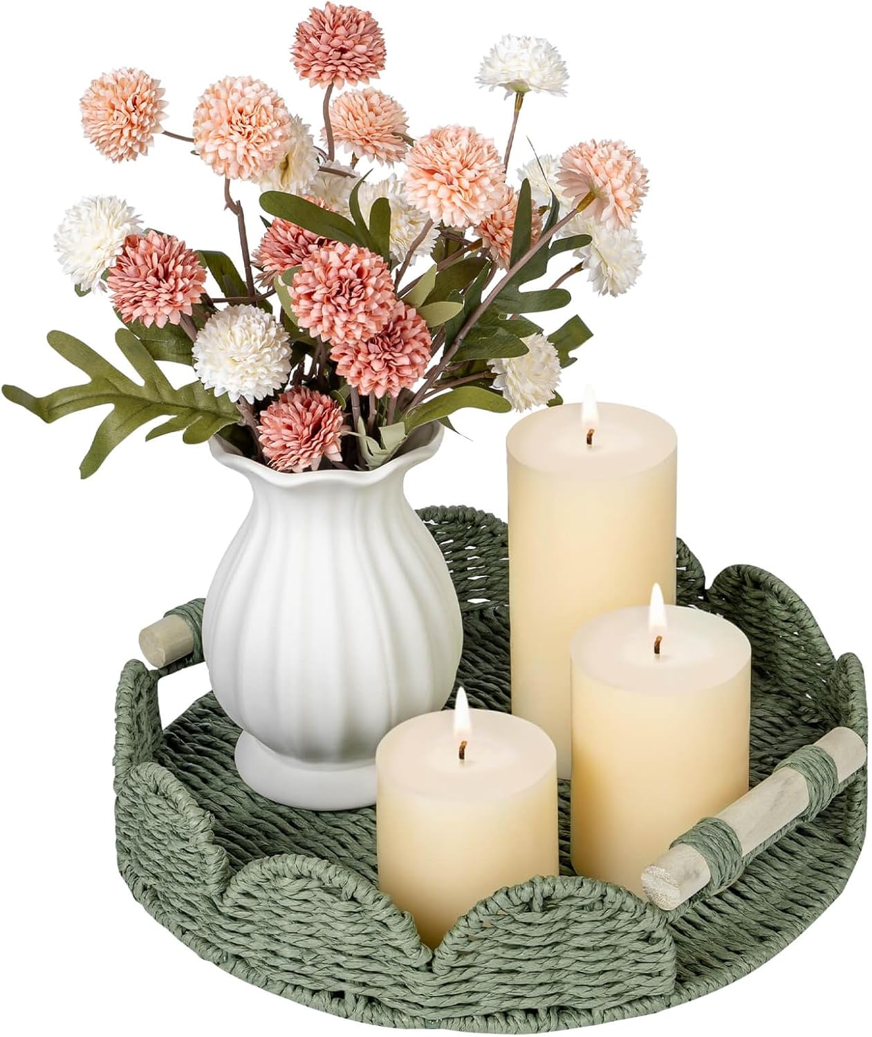 CubesLand Round Scalloped Decorative Centerpiece Tray for Coffee Table, Home Decor, Living Room - Green Tray w/Wooden Handle – Warm and Elegant for Holidays, Housewarmings - Candle Plate Holder