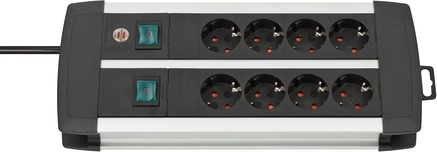 Brennenstuhl Premium-Alu-Line regleta enchufes con 8 tomas de corriente y 2 interruptores individuales (cable de 3 m, interruptor iluminado, Hecho en Alemania) plateado/negro