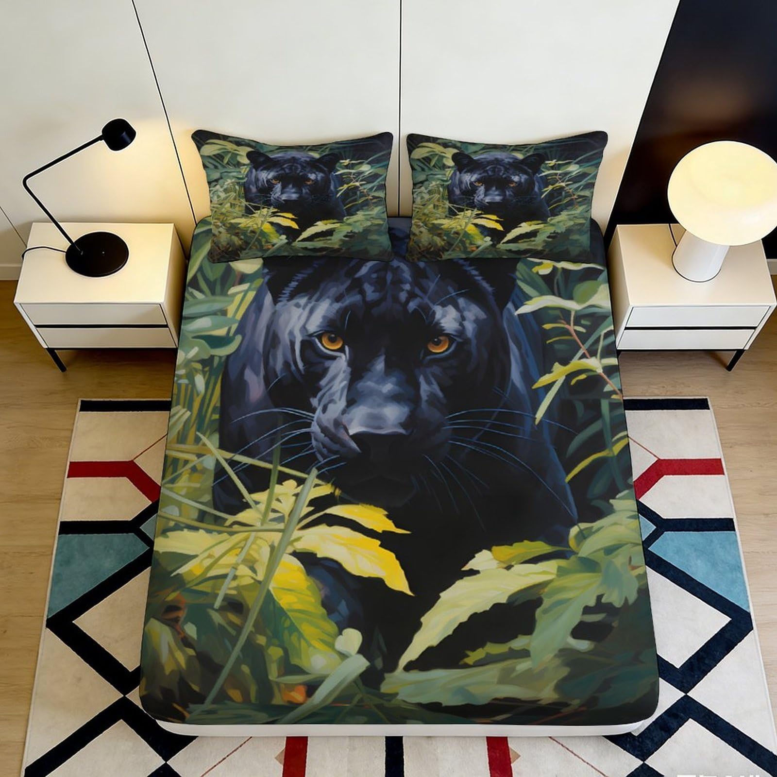 3D Printed Black Panther Fitted Sheet Microfiber Soft Jungle Leaves Mattress Cover for Bedroom Dorm Room Decor 180x200x25cm