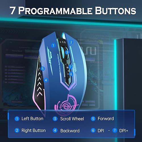 Miniatura 4 de UHURU Mouse para juegos, mouse inalámbrico para juegos con 7 botones, 7 colores LED intercambiables hasta 12000 DPI, mouse USB recargable para PC y