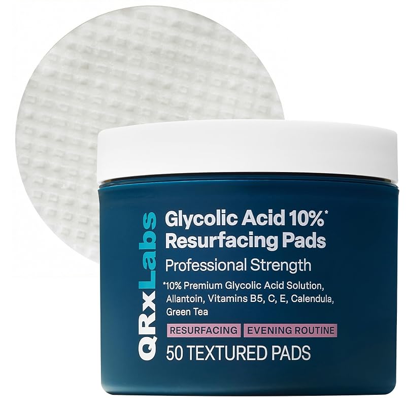 QRxLabs Discos esfoliantes com ácido glicólico 10% para rosto e corpo, 50 unidades