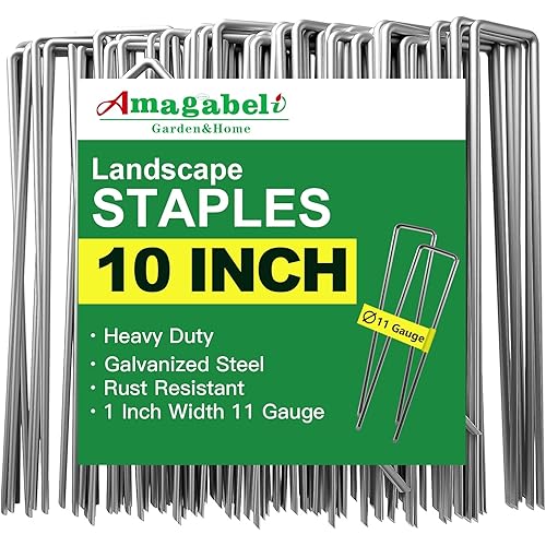 AMAGABELI GARDEN & HOME 10 Inch 200 Pack Galvanized Landscape Staples 11 Gauge Garden Staples Landscaping Staples Heavy Duty U-Shaped Tent Stakes Pins Garden Stakes for Weed Barrier Fabric Tubing Lawn
