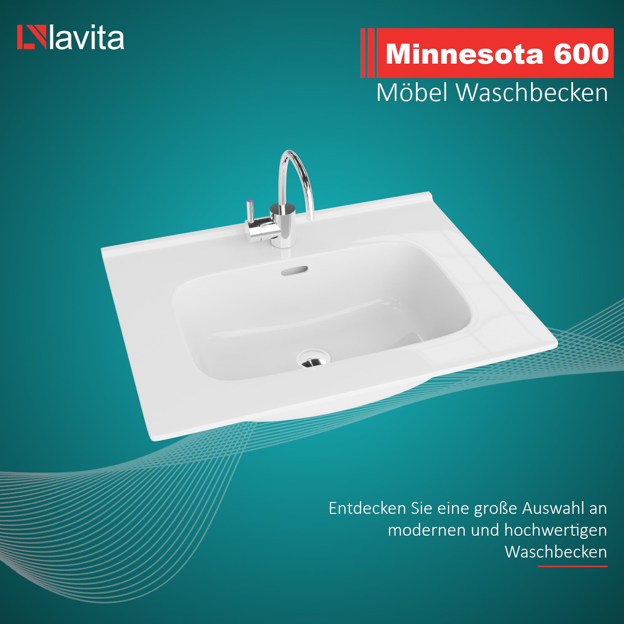 LAVITA Lavabo para muebles Minnesota 600 | Lavabo para muebles | Lavabo con rebosadero y orificio para grifo | de porcelana de alta calidad | lavabo | 61 x 46,5 x 17 cm | blanco brillante
