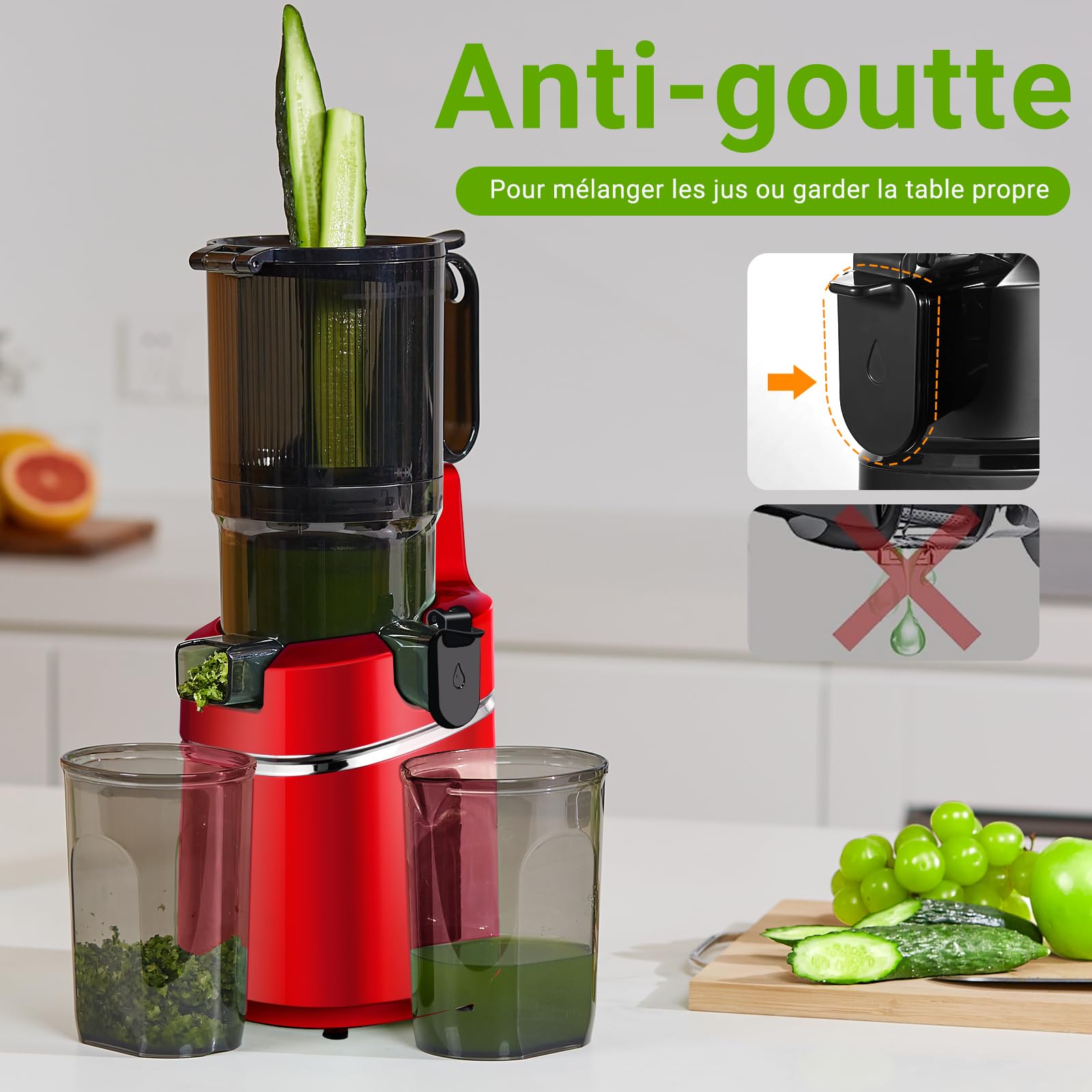 AMZCHEF Extracteur de jus automatique Vos mains libres, Ouverture de 135 mm et capacité de 1,8 L Extracteur de jus de fruits et légumes entiers, Extracteur jus lent de 250W avec triple filtre - Rouge