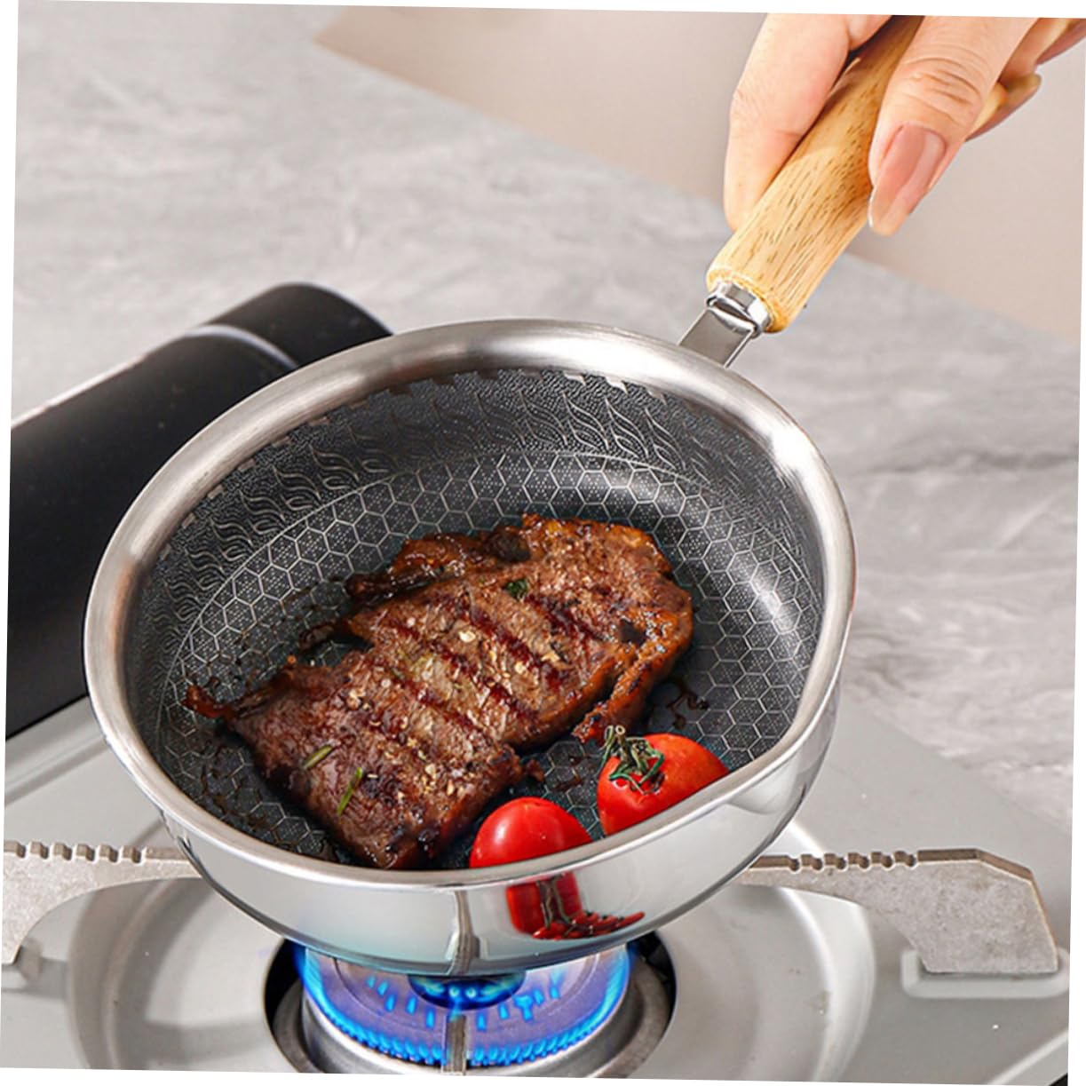 ULTECHNOVO Padella Antiaderente Per Uova 16 Cm in Acciaio Inossidabile 316 Con Fondo Piatto a Nido D’ape Per Colazione e Friggere, Impugnatura Ergonomica, Alta Distribuzione Del Calore