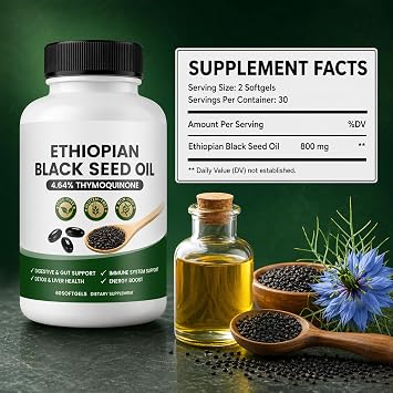 Ethiopian Black Seed Oil Capsules, 4.64% Thymoquinone, Immune & Digestion Support, Non-GMO, Gluten-Free, 60 Softgels (1)