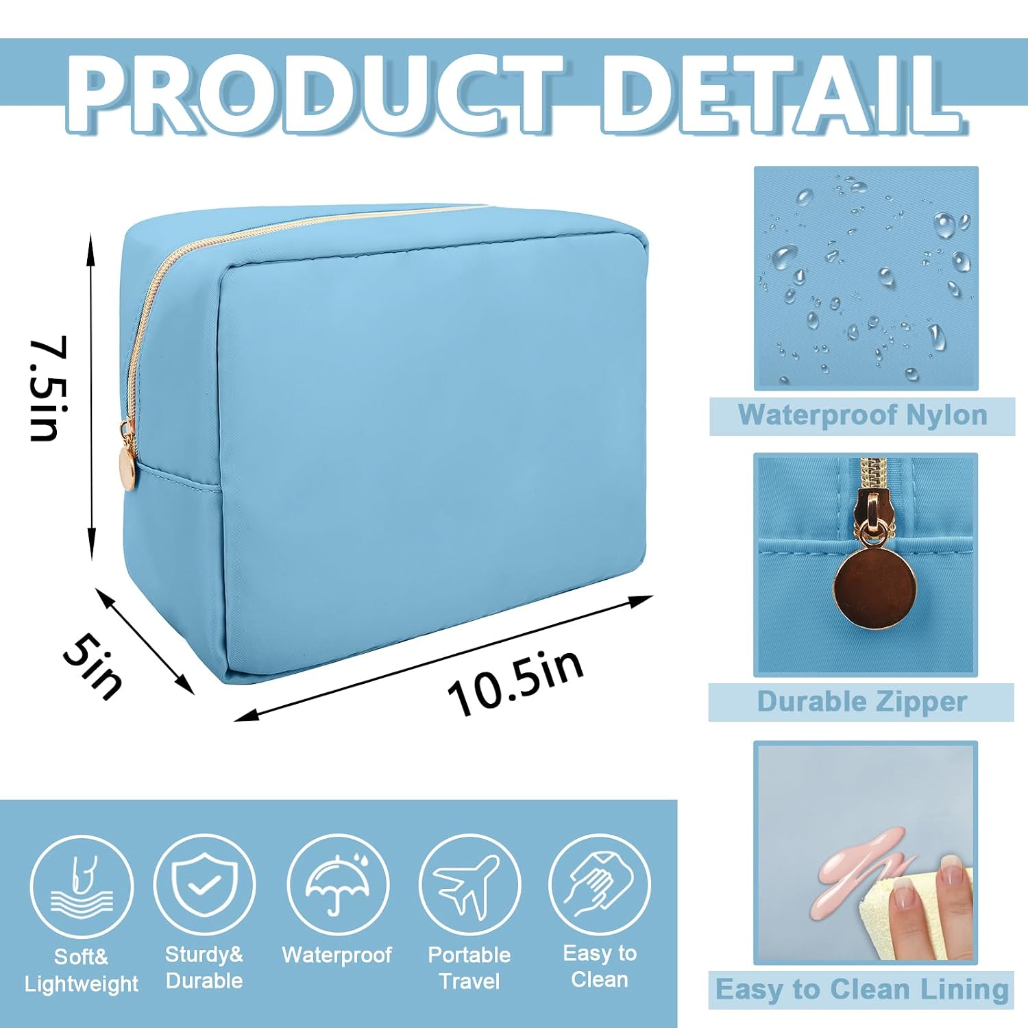 UIXIZQ Large Makeup Bag Pouch,Nylon Women Travel Toiletry Storage Bag Preppy Cosmetic Bag for Girls,Big Makeup Organizer Bag Cute Zipper Pouch Skincare Bag for Sport Work Gift(Large-Periwinkle) image 2