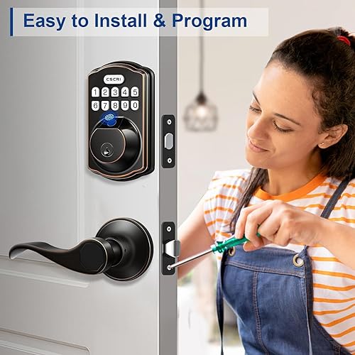 Miniatura 8 de CSCRI Juego de cerradura de puerta de huellas dactilares con 2 manijas de palanca, cerradura de puerta de entrada sin llave, juegos de manijas de