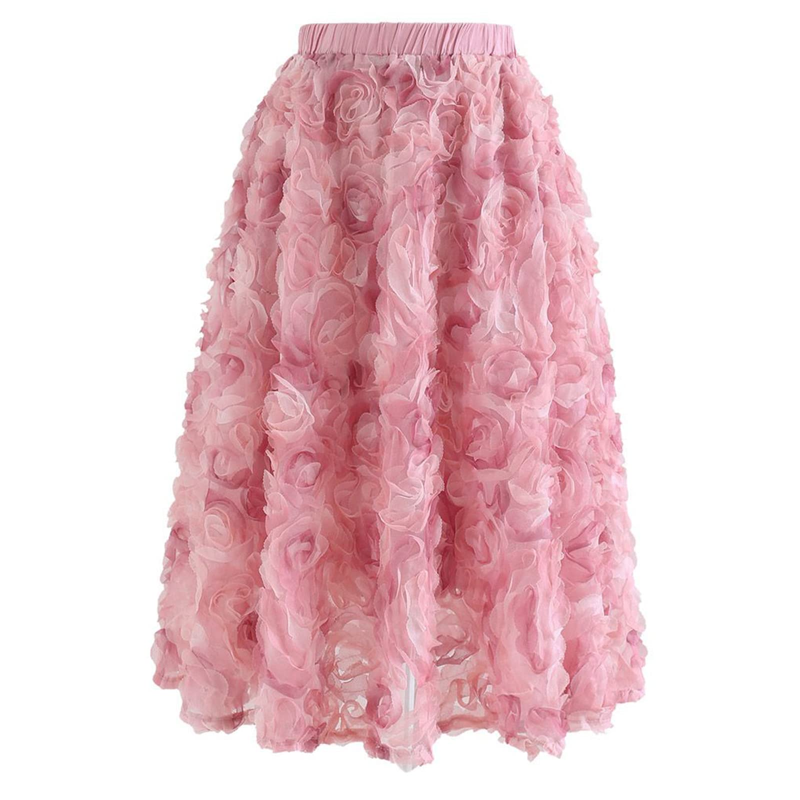 Chicwish Women's Caramel/Dusty Blue/White/Black 3D Posy Double-Layered Mesh Midi Skirt, Pink-3d Mesh Rose, Large