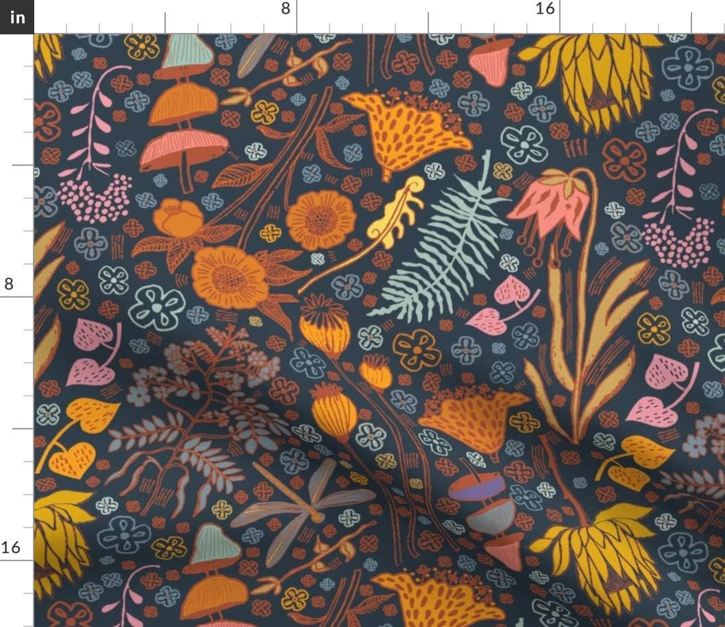 Spoonflower Fabric - Midnight Victorian Orange Pink Flowers Dragonfly Mushrooms Field Printed on Petal Signature Cotton Fabric by The Yard - Sewing Quilting Apparel Crafts Decor