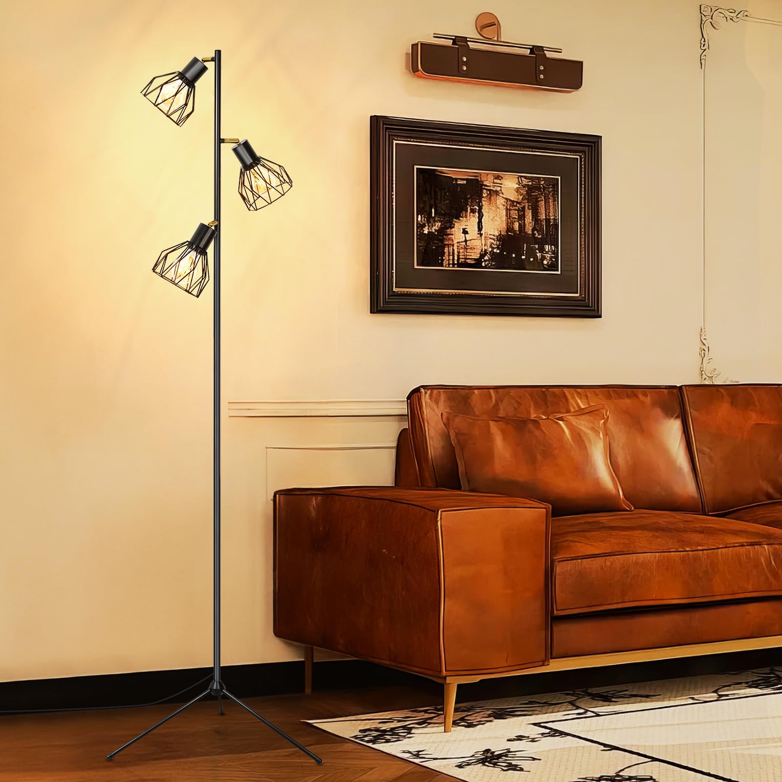 Lámpara de Pie Salón LED Modernas Lámpara de Pie Lectura Industriales Regulables Negra E27 Lámpara de Pie Vintage con 3 Luces y Trípode Lámpara de Pie Alta para Sala de Estar y Dormitorio