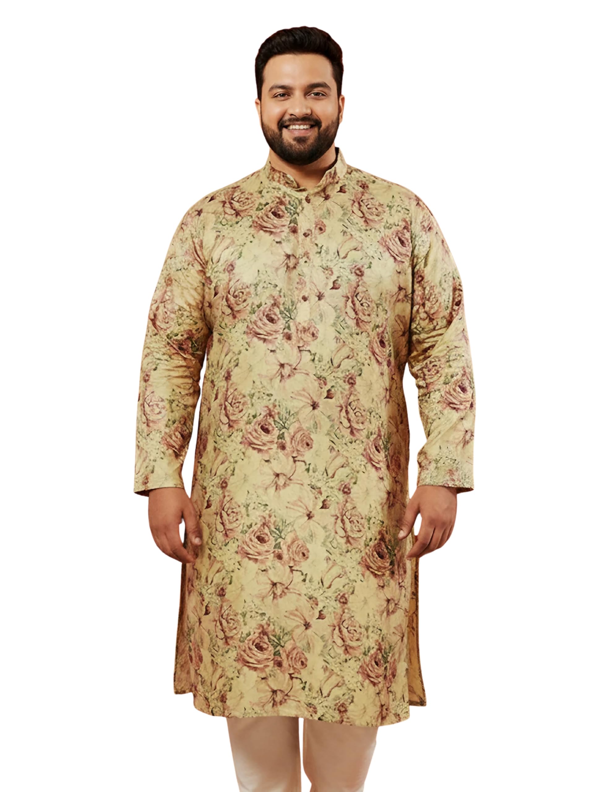 vastramay Men's Beige Silk Kurta - Floral Print Wedding-picture-46
