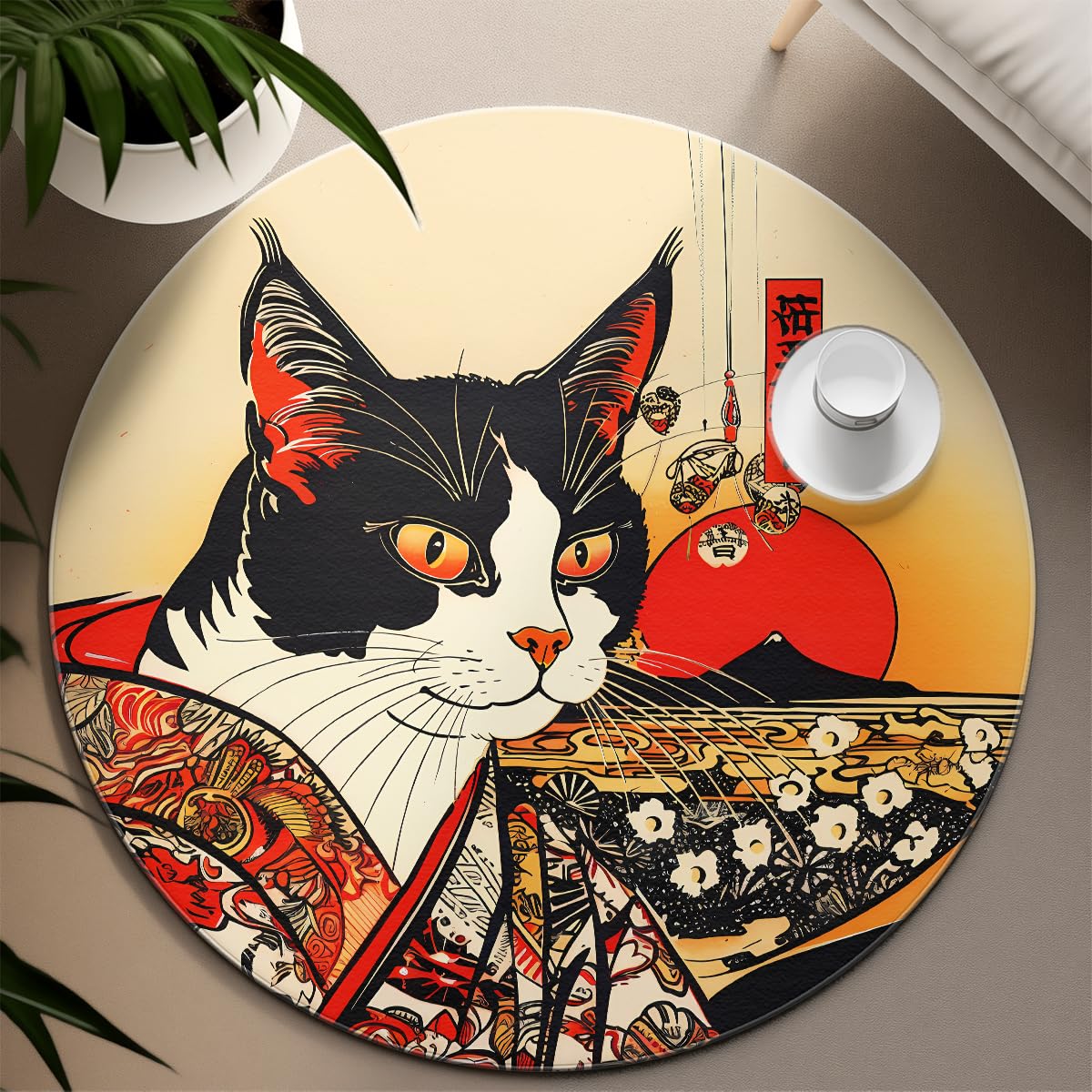 Okrągłe dywaniki ukiyo-e 90 cm okrągły dywan antypoślizgowy zmywalny japoński kimono wzór czerwony kot góra fuji duży okrąg do gabinetu balkon jadalnia