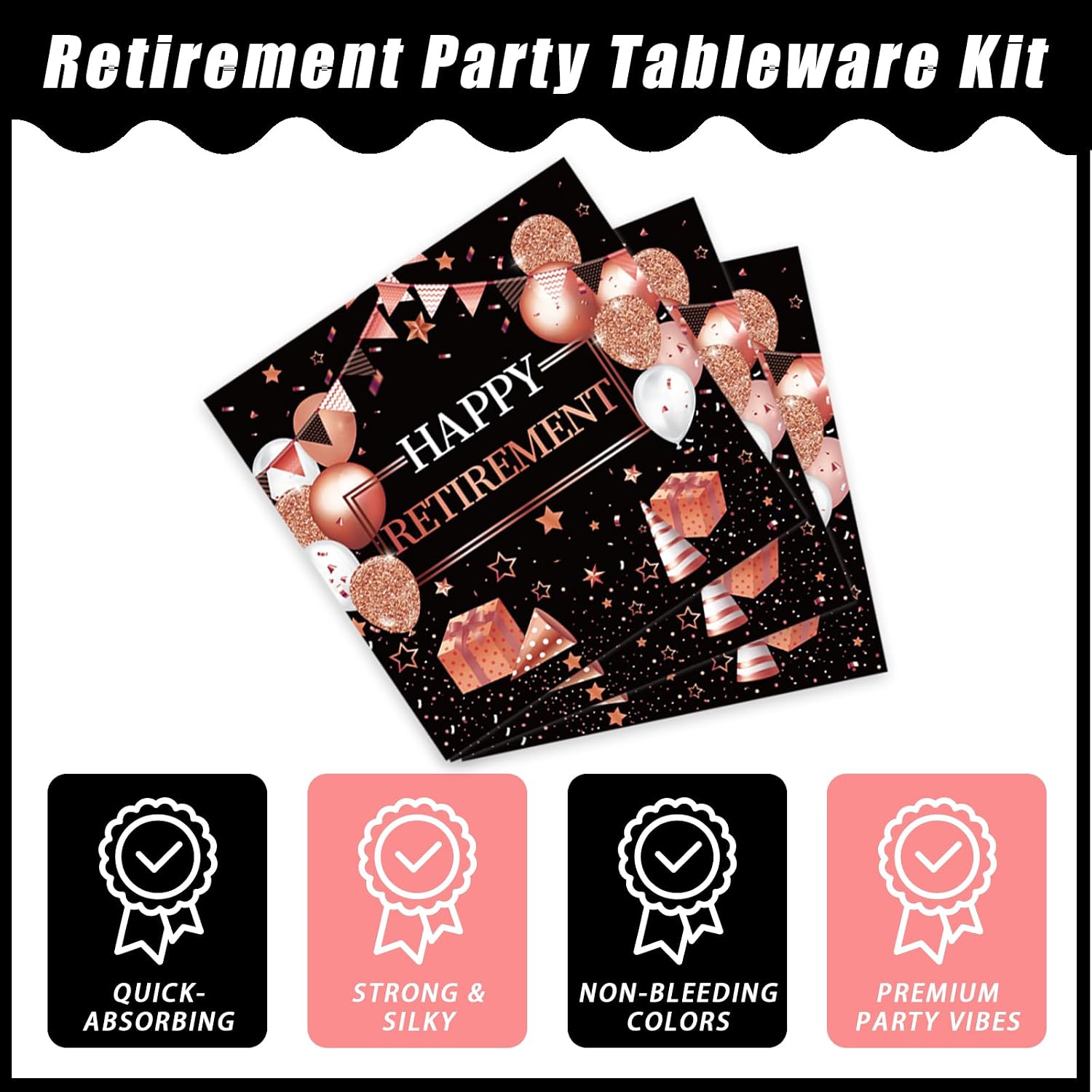 Kepeel 96 Pcs Retirement Party Plates and Napkins Set, Rose Gold Happy Retirement Party Supplies Decorations for Women Going Away Party Disposable Dinnerware Set, Serves 24
