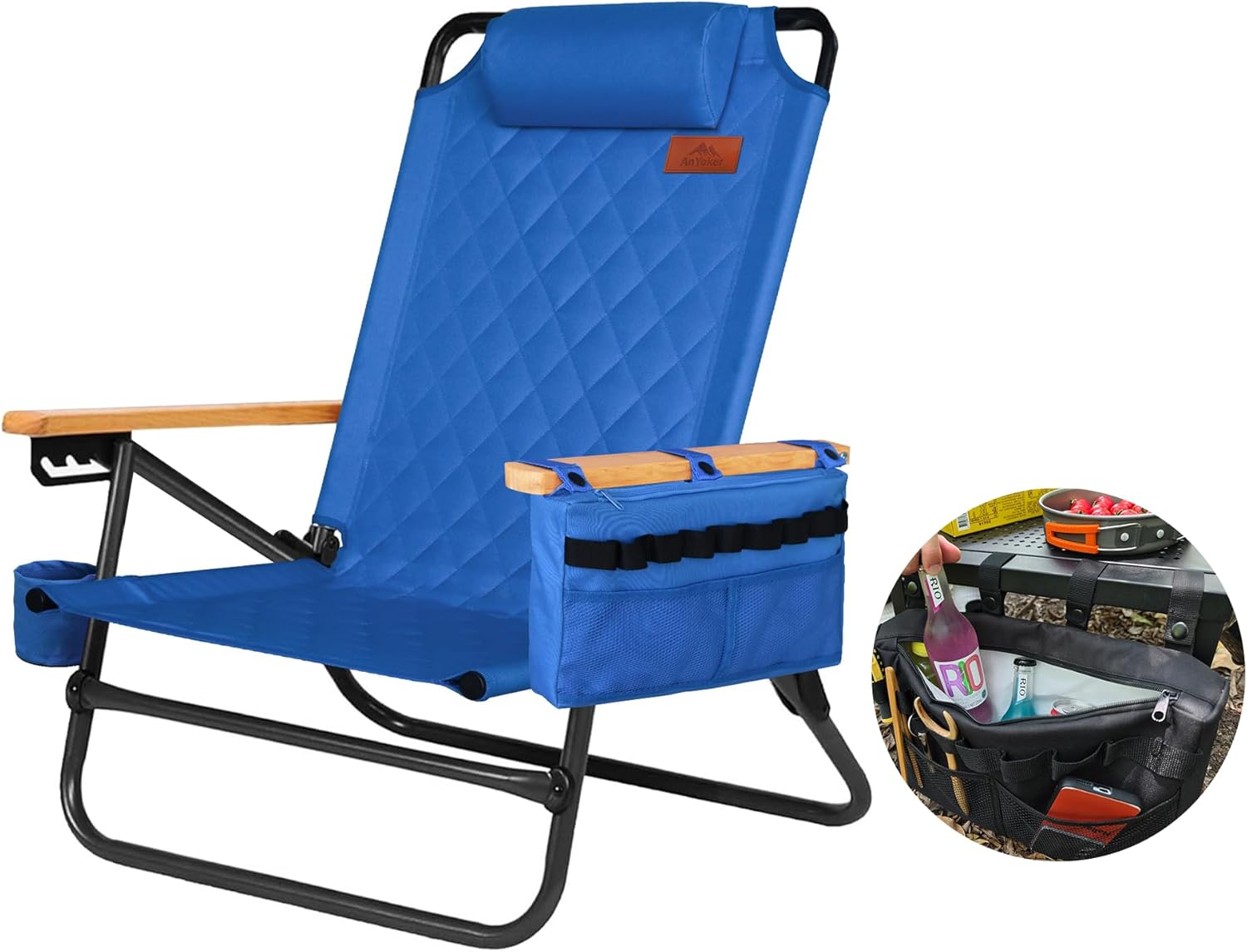 Portable Beach Chair, 4-Position Adjustable, Camping Chair with Cooler Pouch, Headrest, Cup Holder, Shoulder Strap, Lightweight Hiking (Blue, 1)
