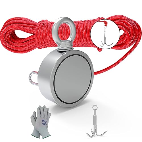 Mhdmag- Kit de pesca con imán de doble cara con ganchos de agarre, guantes, imanes de neodimio de recuperación fuerte con cuerda de 65 pies para