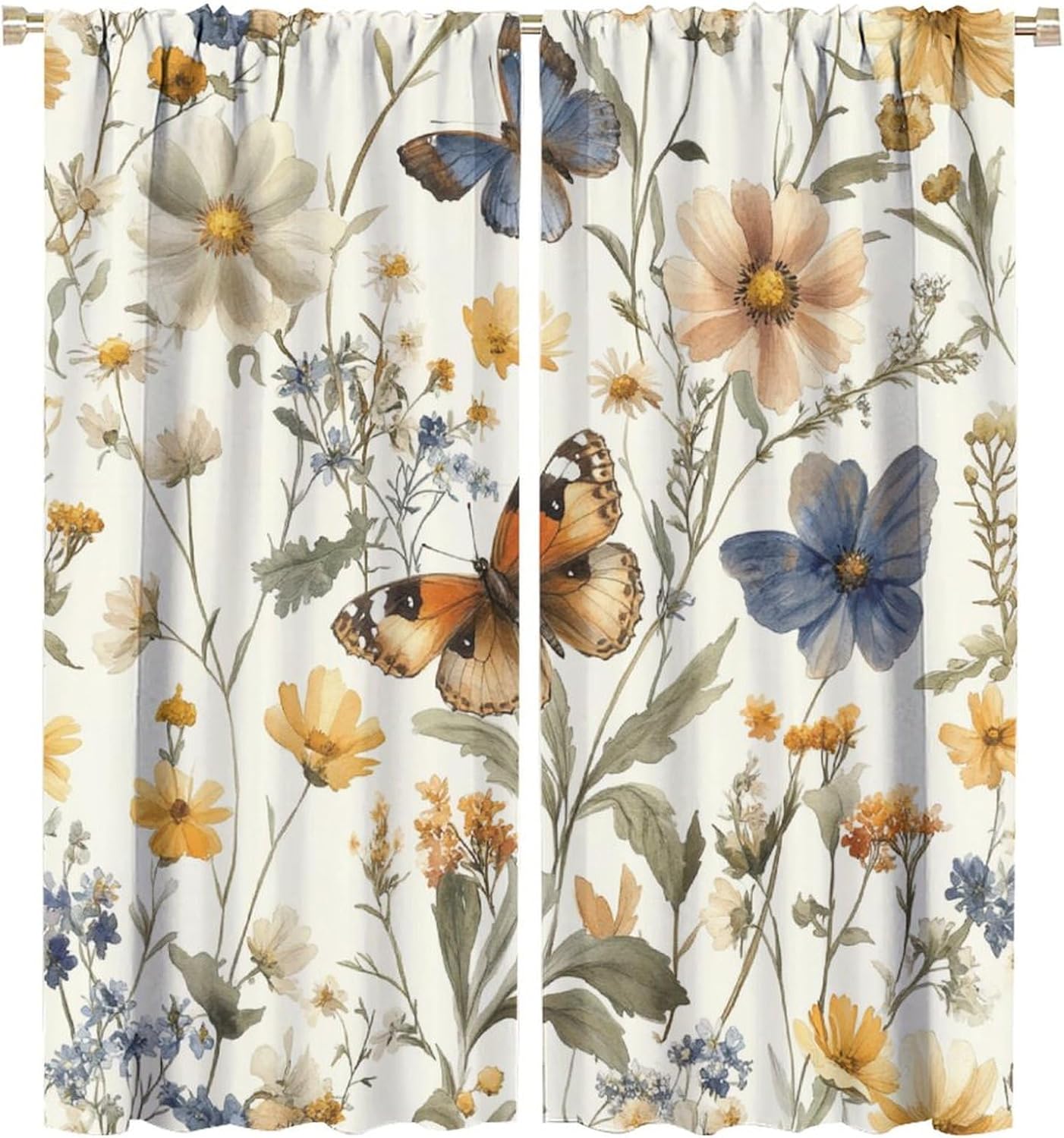 Classic Butterfly Floral Blackout Curtains for Living Room Bedroom, Spring Daisy Plant Rustic Garden Window Curtains Rod Pocket Thermal Insulated Window Drapes, 2 Panels, Each 21W x 45L