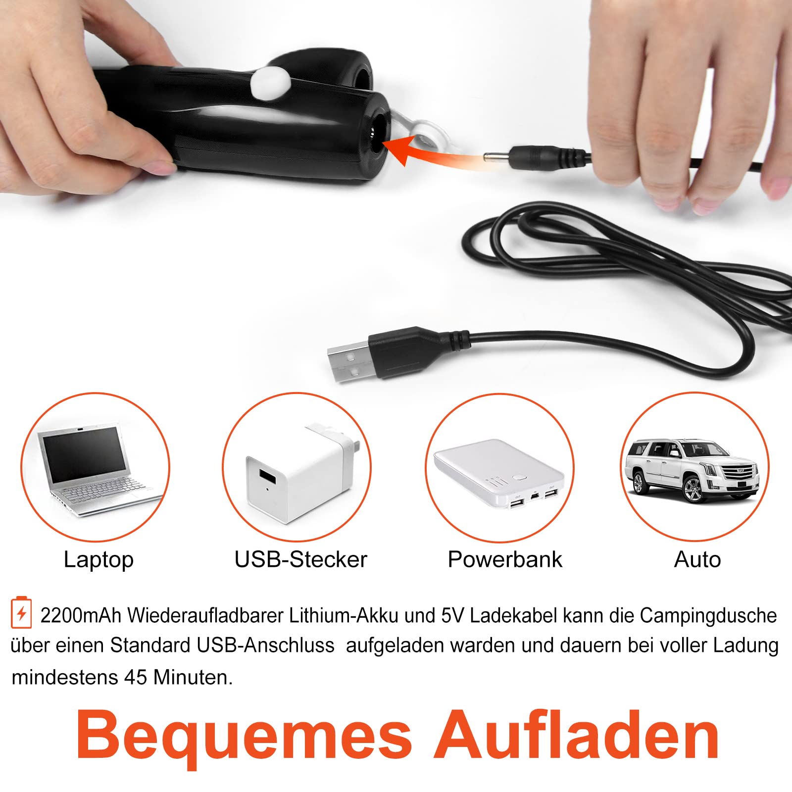 Aufun Campingdusche Akku Camping Dusche Outdoor mit Handbrause, eingebauter 2200mAh wiederaufladbarer Akku, USB-Ladekabel, Wasserpumpe für Camping, Wandern, Reisen, Garten, Strand