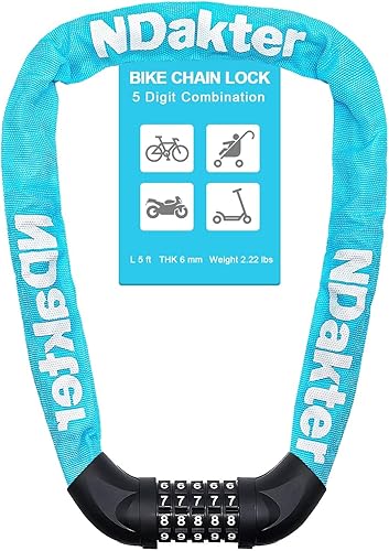 Miniatura 45 de NDakter Cerradura de cadena para bicicleta, combinación de 5 dígitos, resistente, antirrobo, cerradura de bicicleta de seguridad de Azul,Negro