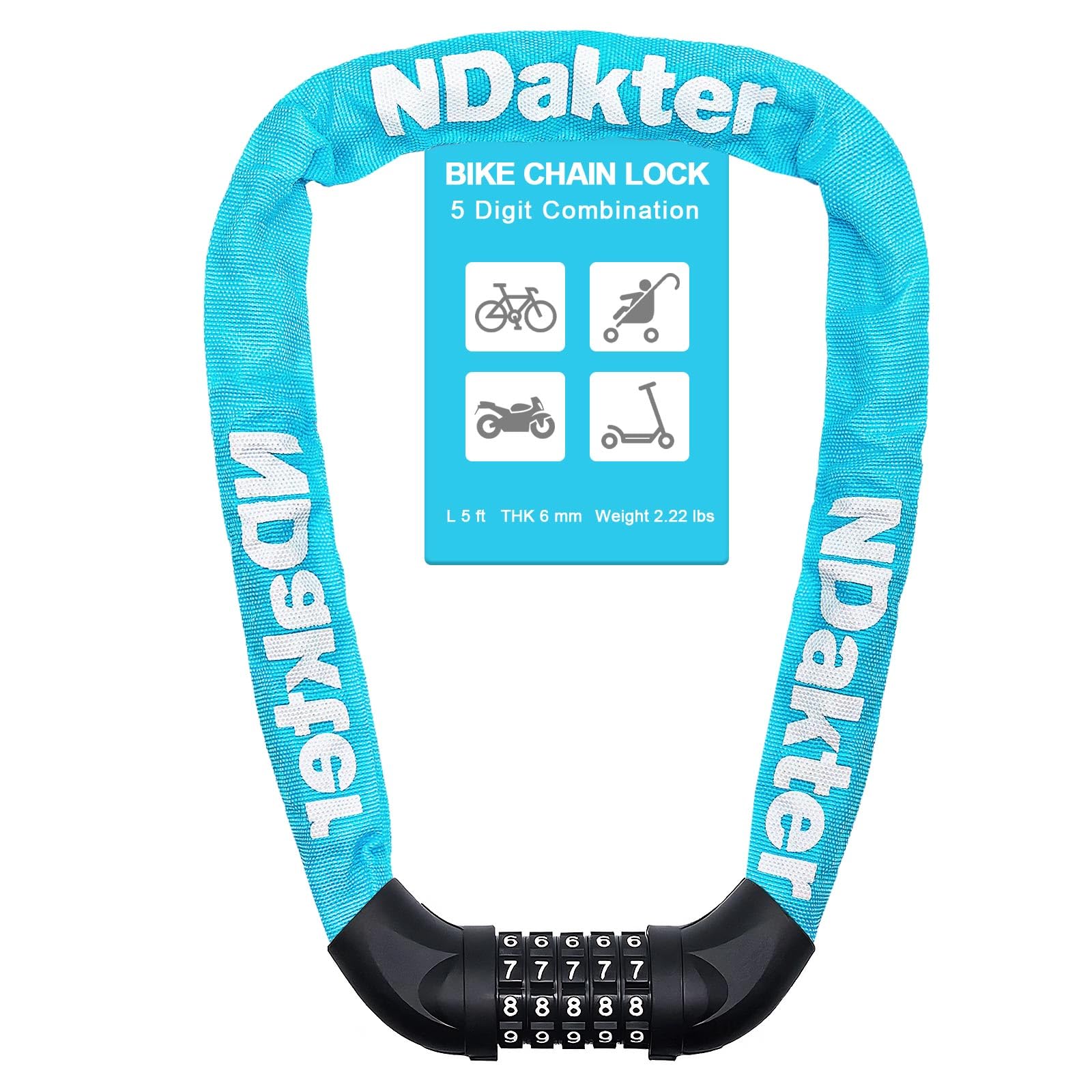 NDakter Bike Lock, 5 Digit Combination Heavy Duty Anti Theft Bicycle Chain Lock, 2.62/3.2/4.27/5/6Ft Long, High Security Resettable, Suitable for Bike, Scooter, Door, Gate, Fence-4/6mm Thick