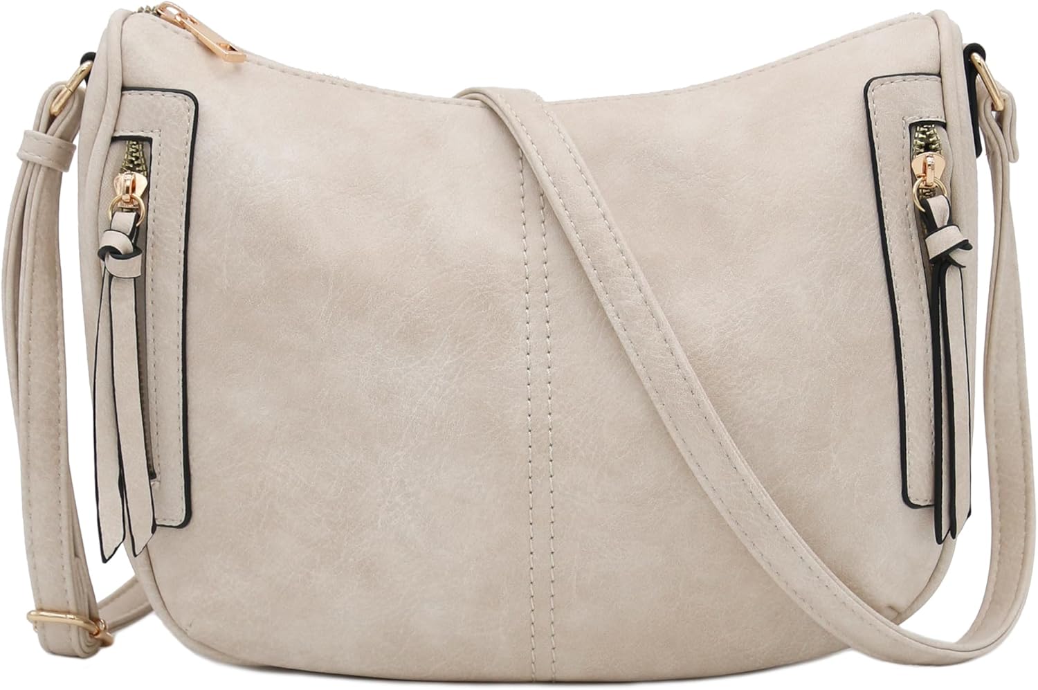 FashionPuzzle Faux Leather Two Front Zipper Pocket Crossbody Saddle Bag (Beige)