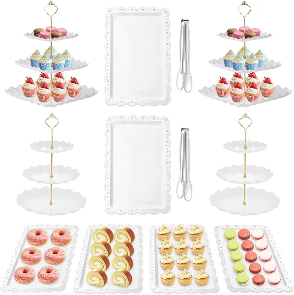 Auysbytdd 12 Pcs Cake Stand, Dessert Table Display Set, 4 Pcs 3 Tier Cupcake Stand Tower Holder and 6 Pcs Serving Tray and 2 Tongs for Tea Party Baby Shower Birthday, White