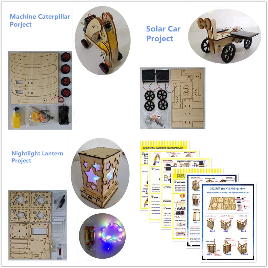 DIY Science Kits for Kids - 3 STEM Educational Building Projects Craft Kit - Solar Circuits Car and Fairy Nightlight Lantern and Machine Caterpillar