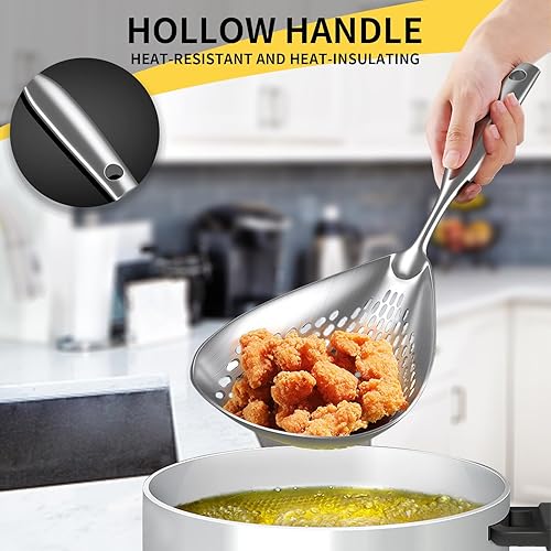 Miniatura 3 de 2 cucharas ranuradas de acero inoxidable, colador de araña de pasta con mango para freír cocinar, cuchara coladora de metal para freidora, cucharón