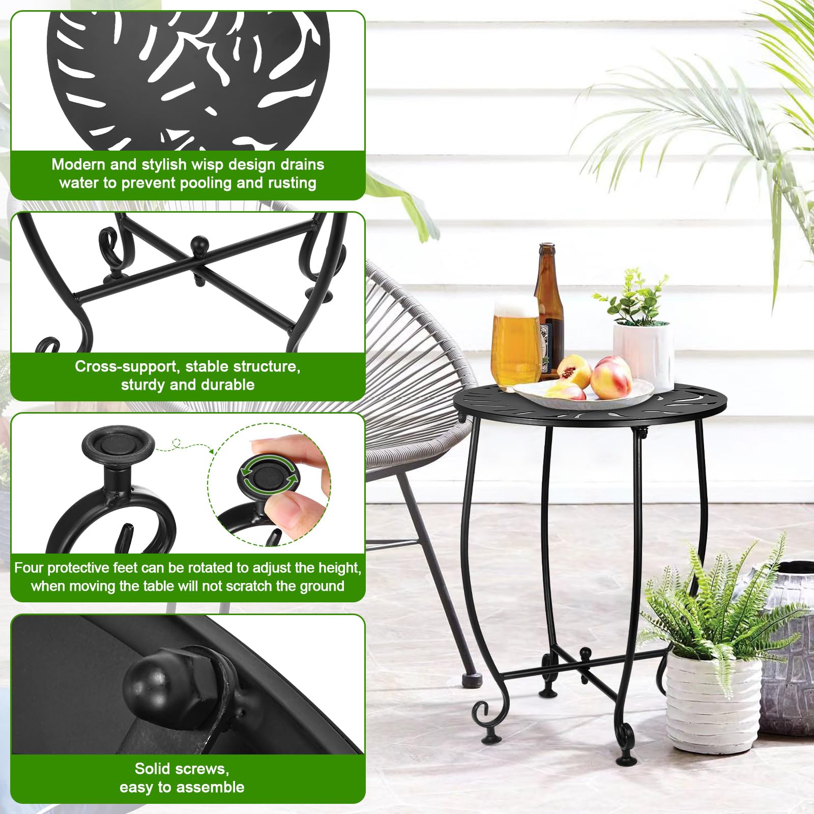 Mesa auxiliar de metal para exteriores de 14 pulgadas, resistente a la intemperie, mesa auxiliar redonda pequeña para patio, balcón, jardín, soporte para plantas exteriores (color 1 hoja de tortuga 5