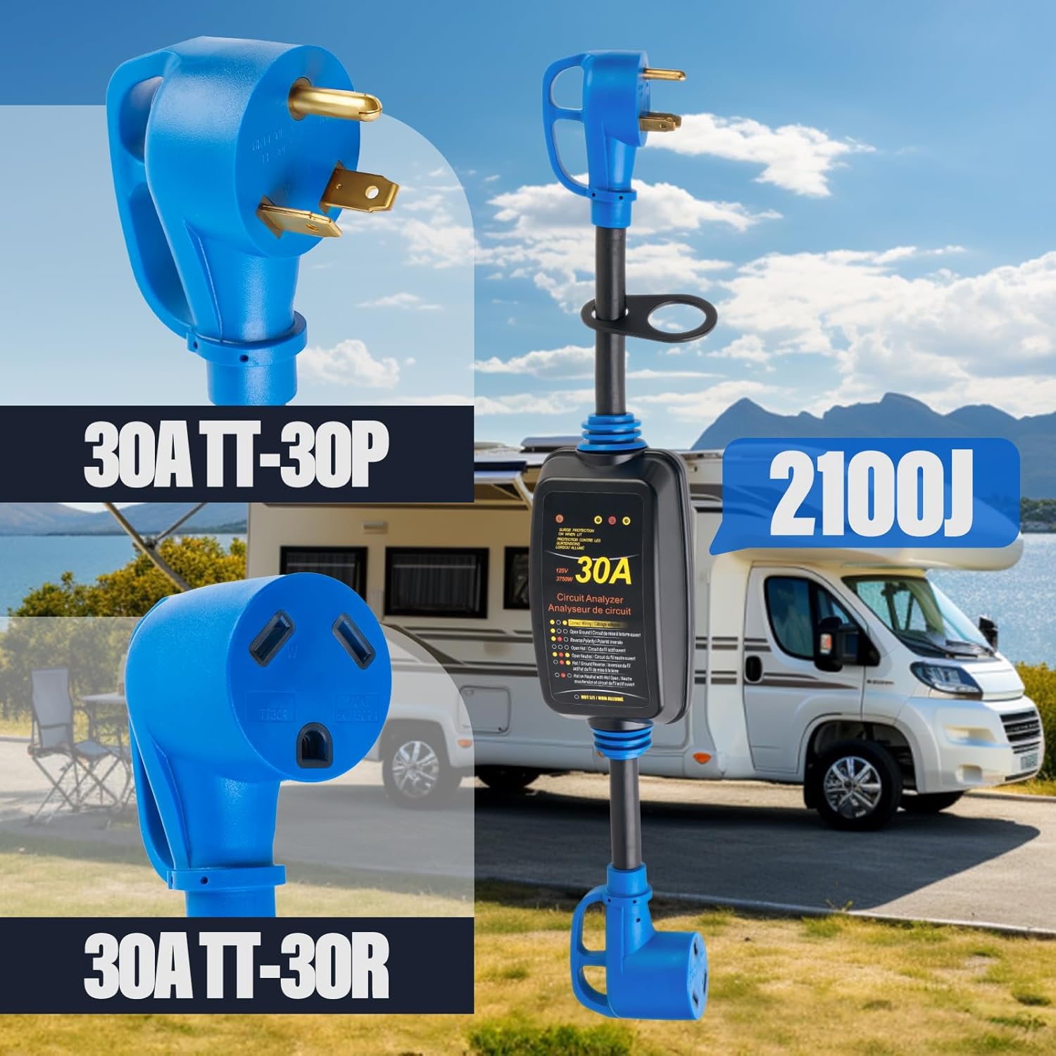 30 Amp RV Surge Protector with Circuit Analyzer, Dual Extension Cord Design, Waterproof & Fireproof Power Guard with LED Indicator and Lock Ring, Surge Protection for Camper, Trailer, Motorhome