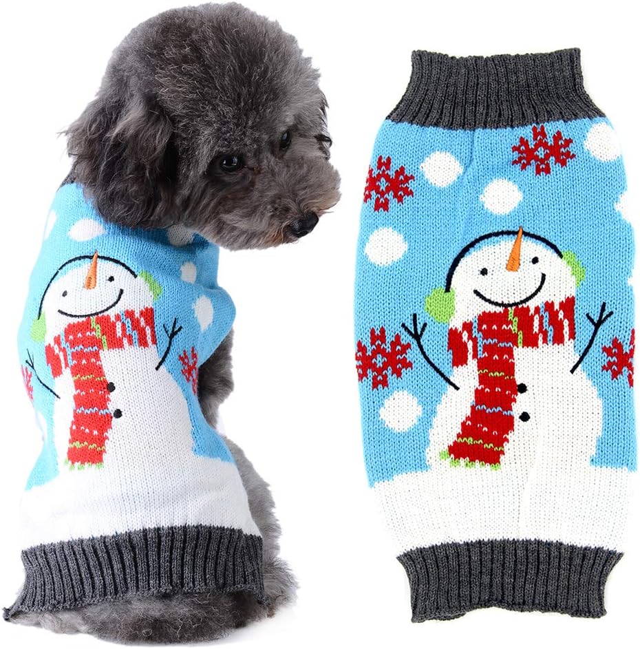 ABRRLO Dog Christmas Jumper Outfits Blue Snowman Ugly Xmas Pet Sweater Puppy Cat Holiday Costume New Year Clothes Gift for Small Medium Large Dogs (Blue Snowman,S)