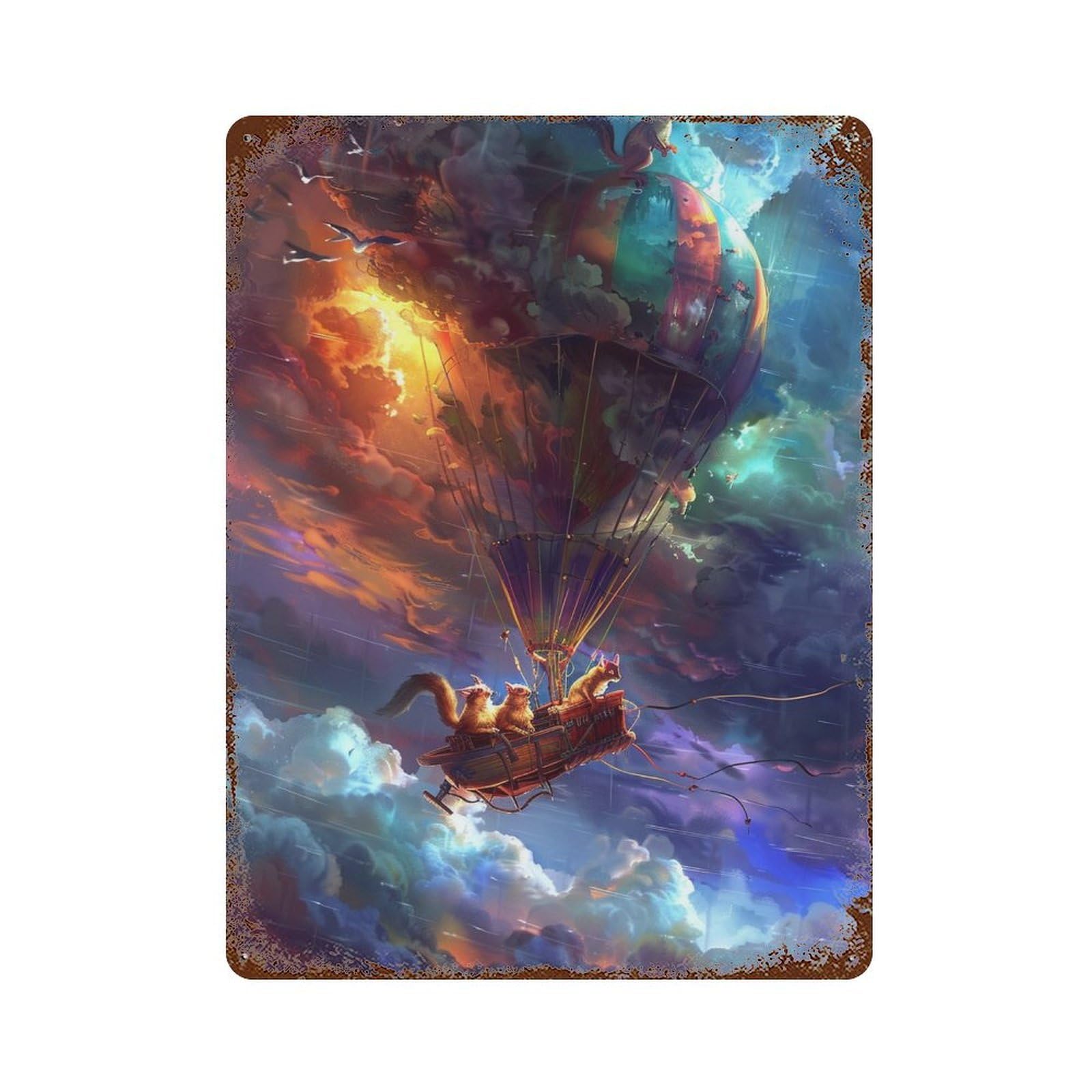 Adventurous Squirrels in Hot Air Balloon 15.7"x11.8" Aged Metal Wall Plaque, Vintage Wall Decor for Bistro, Counter And Cafe Decor