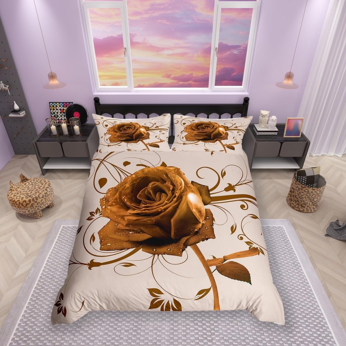 Feelingyou Gold Rose Flowers Bedding Set, Flowers Art Duvet Cover For Kids Teens,Retro Artwork Comforter Cover Decorative Room,Abstract Flowers Quilt Cover With 2 Pillowcases,Super King Size(No Comforter)