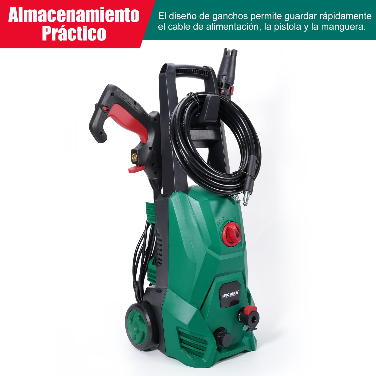 HYCHIKA Hidrolimpiadora, 110 Bar Max. 410 l/h Caudal 1500W Lavacoches Portátil con Depósito de Espuma, Manguera de Alta Presión 5m, Cable 5m, hidrolavadora Ideal para Coches Vallas Patios
