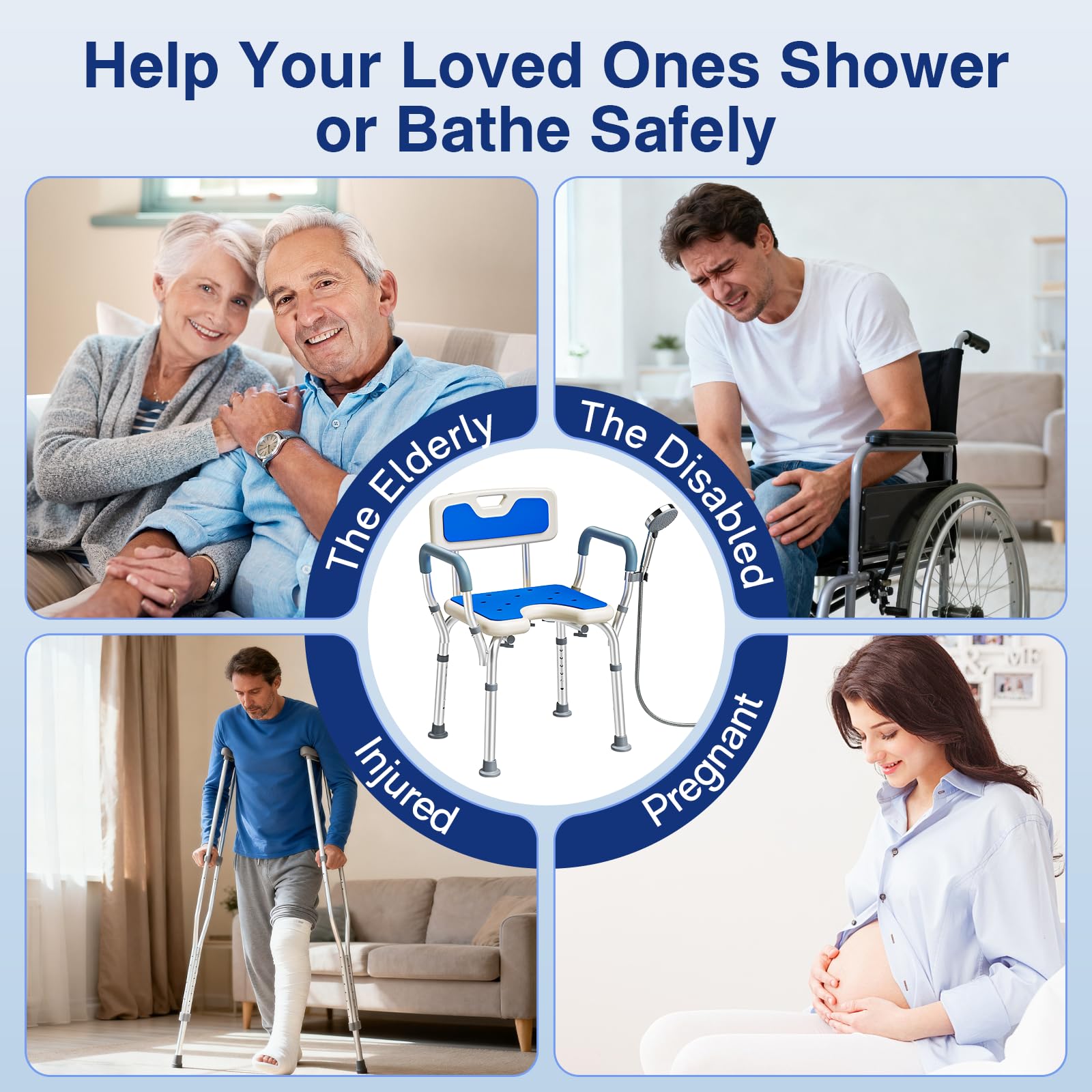 Silla de Ducha con Brazos y Respaldo, Asiento de Ducha Ajustable Taburete de Baño Antideslizante Forma U para Ancianos Discapacitadas Embarazadas